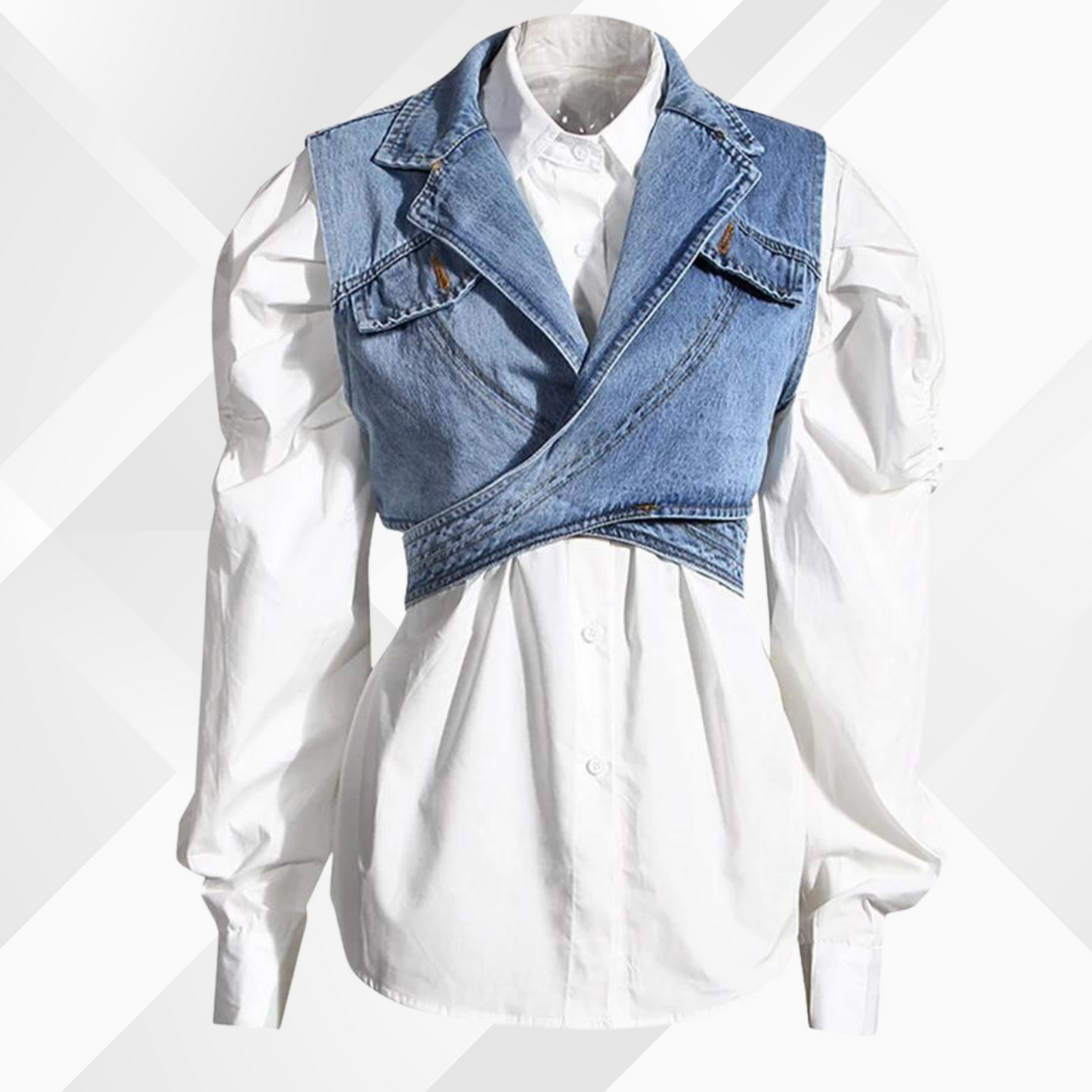 Denim waistcoat and blouse with puff sleeves