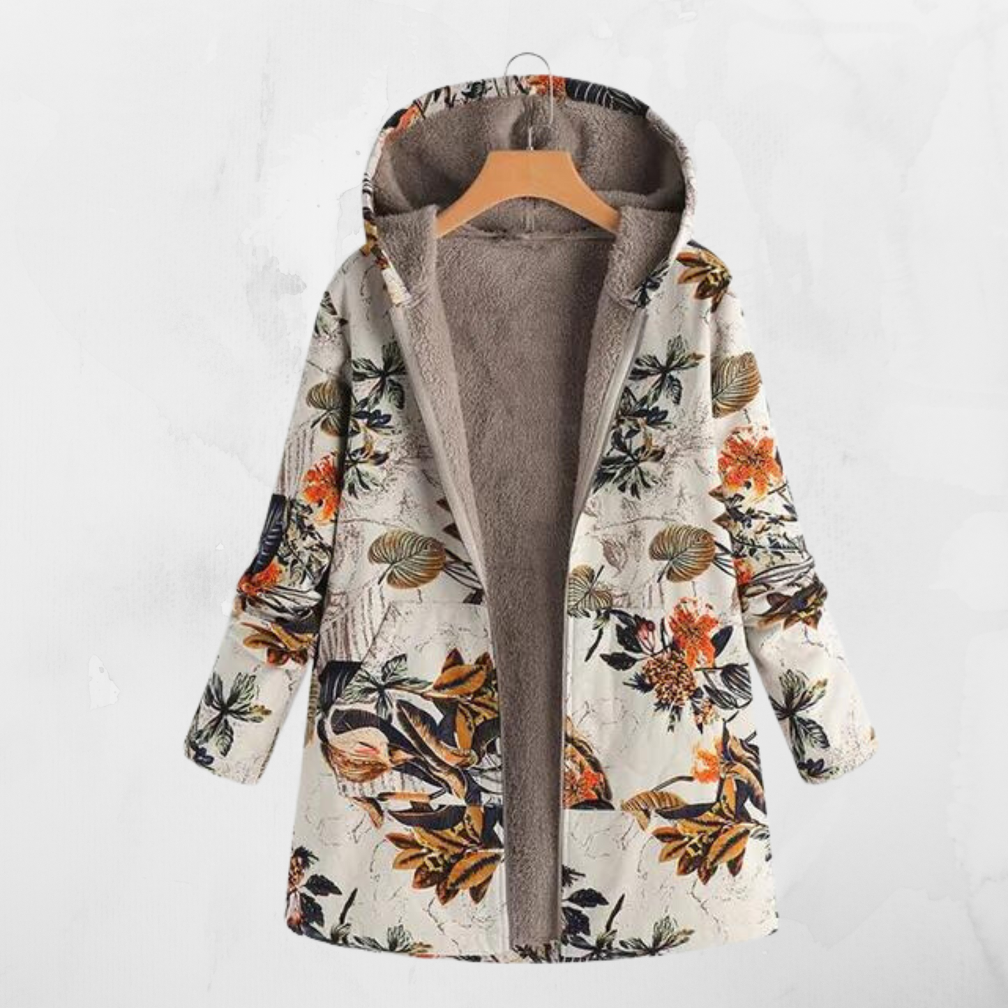 Printed coat with hood and long sleeves, oversized