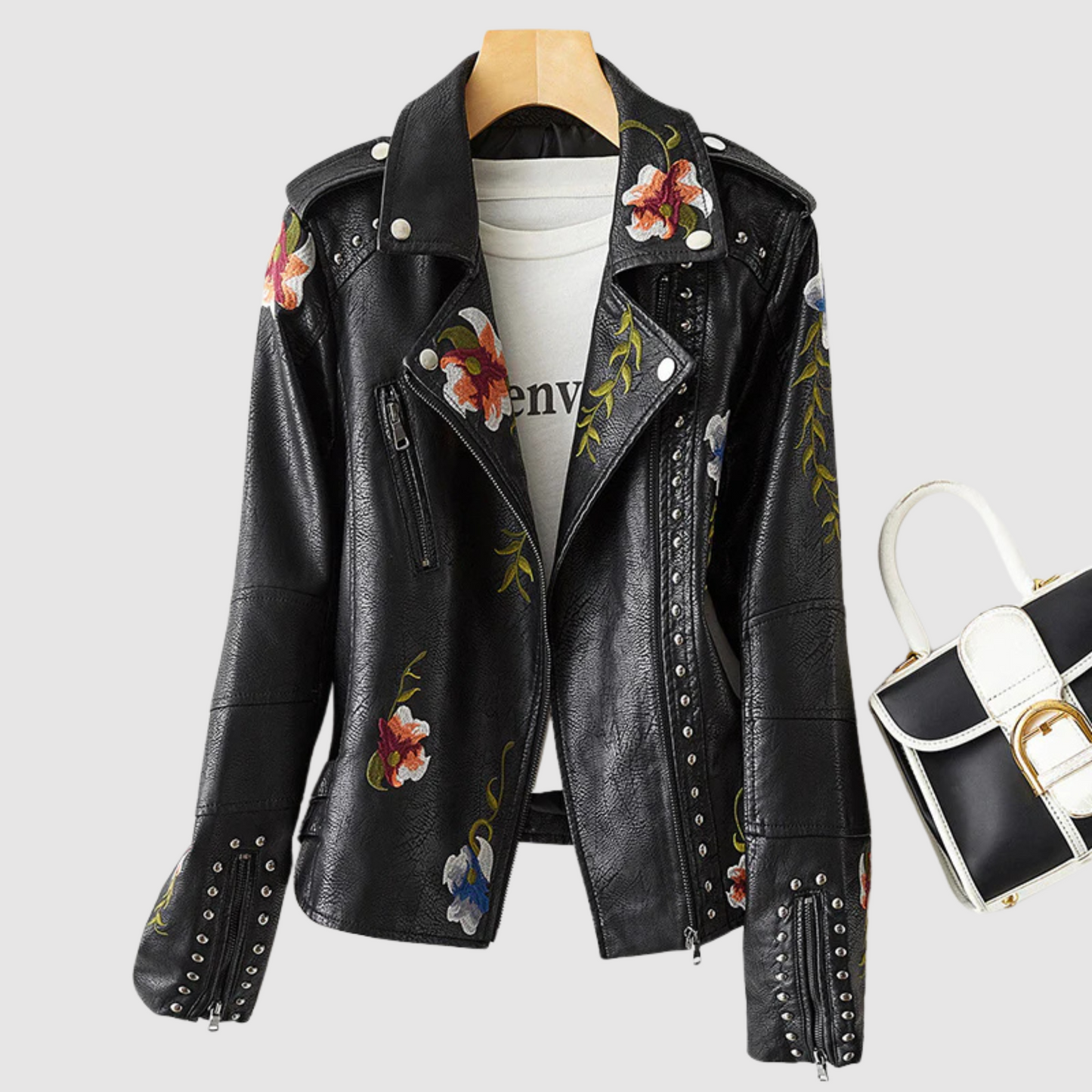 Women - Leather Jacket - Retro Floral Pattern - Stylish Leather Outerwear for Trendy Looks