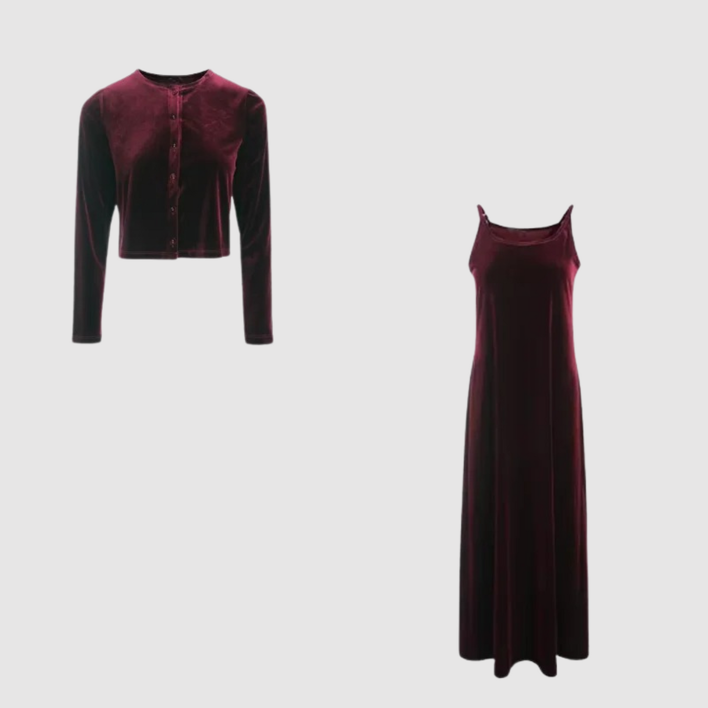 Women's Cardigan and Dress Set - Elegant Velvet Straps - Stylish Layered Outfit