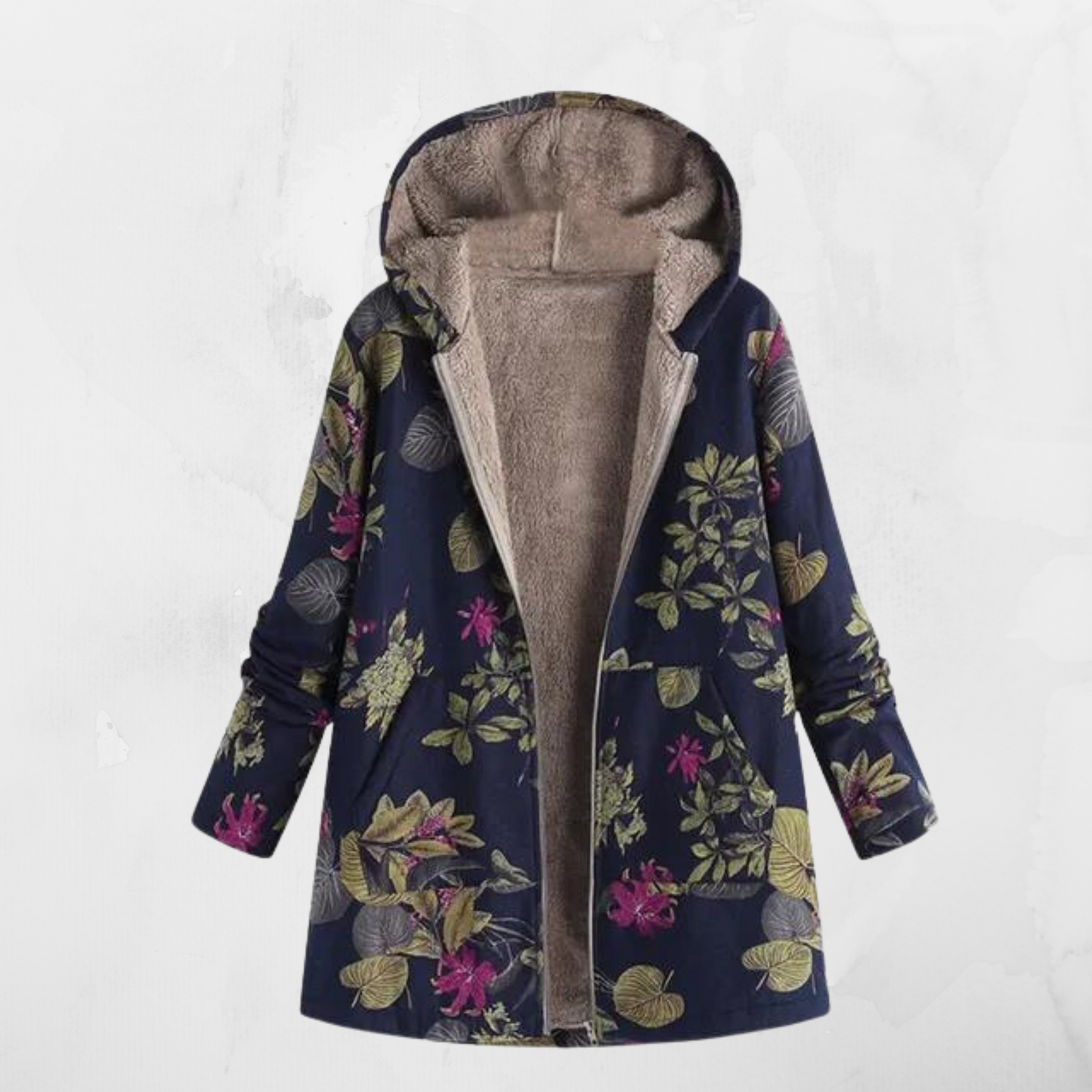 Printed coat with hood and long sleeves, oversized