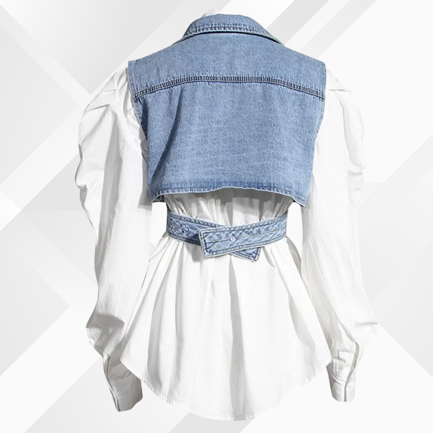 Denim waistcoat and blouse with puff sleeves