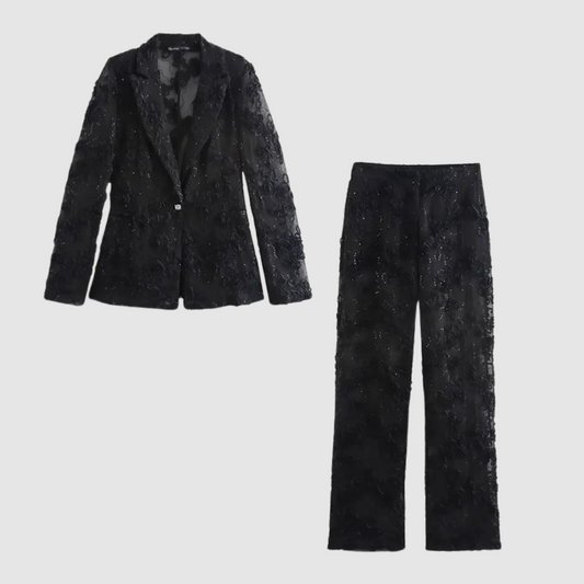 Women's Floral-Textured Blazer and Trousers Set - Elegant Style for Sophisticated Outfits