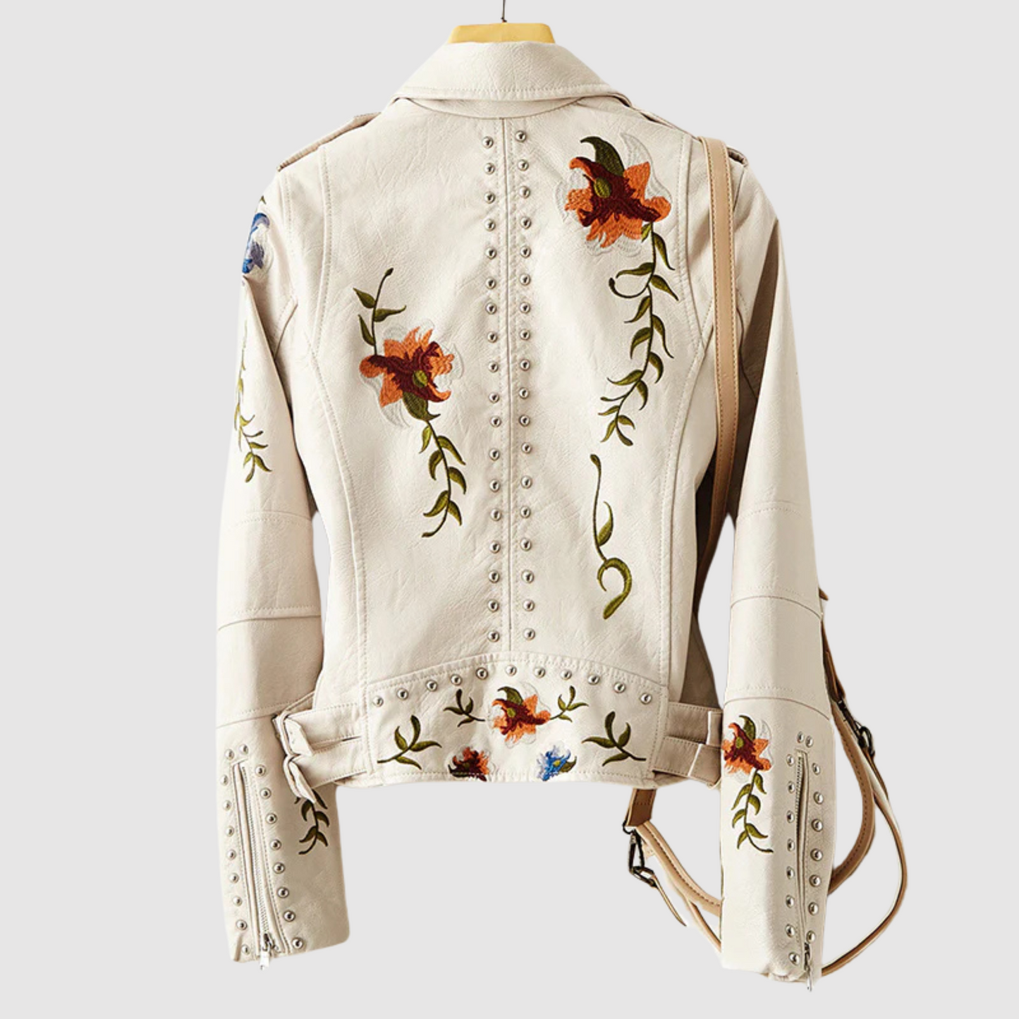 Women - Leather Jacket - Retro Floral Pattern - Stylish Leather Outerwear for Trendy Looks