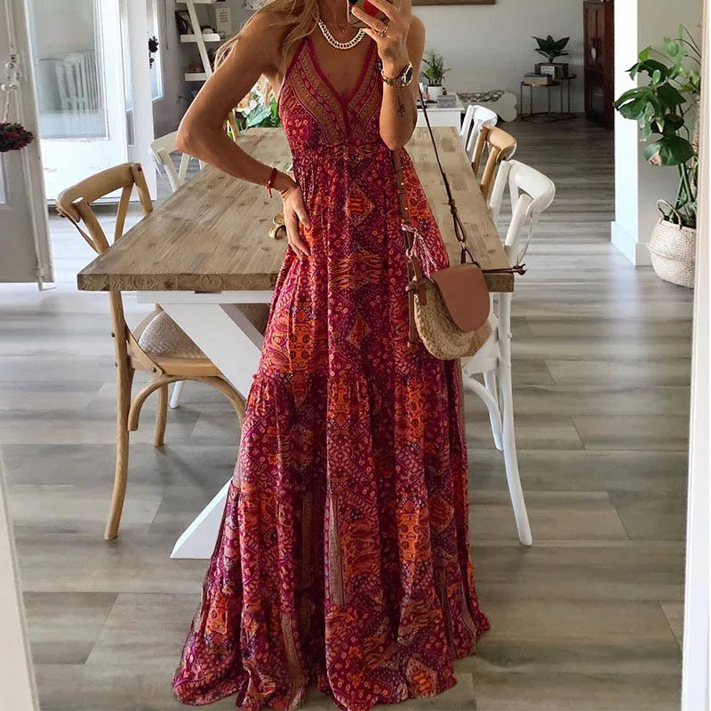 Boho print slip maxi dress