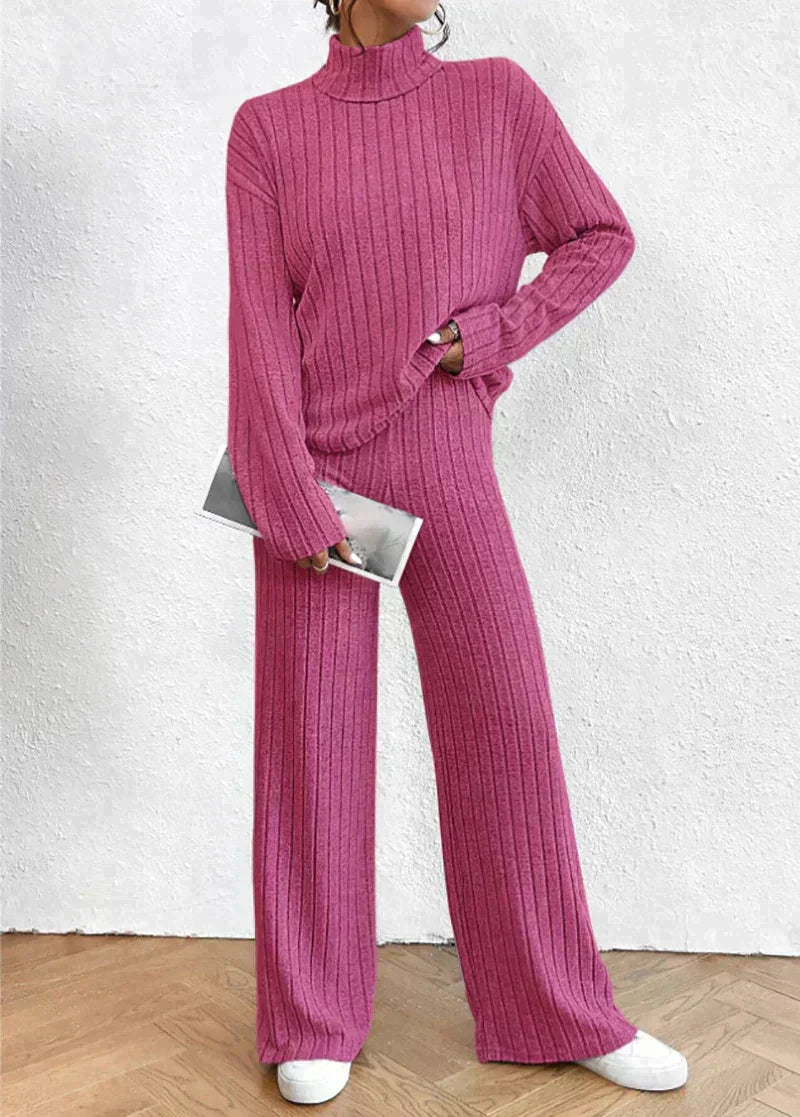 Knitted trousers and sweater with turtleneck for women