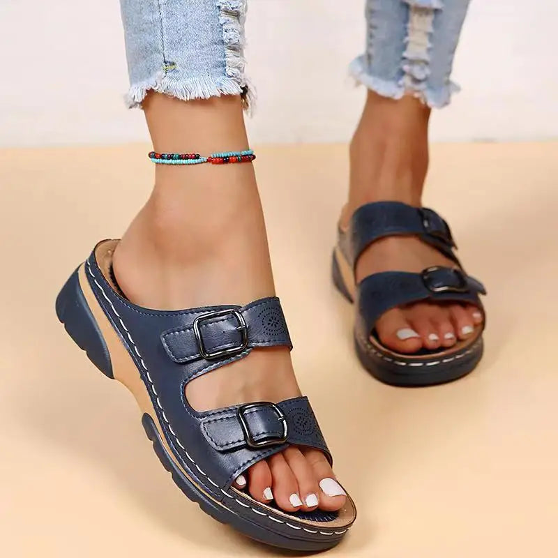 Platform wedge sandals with double buckle