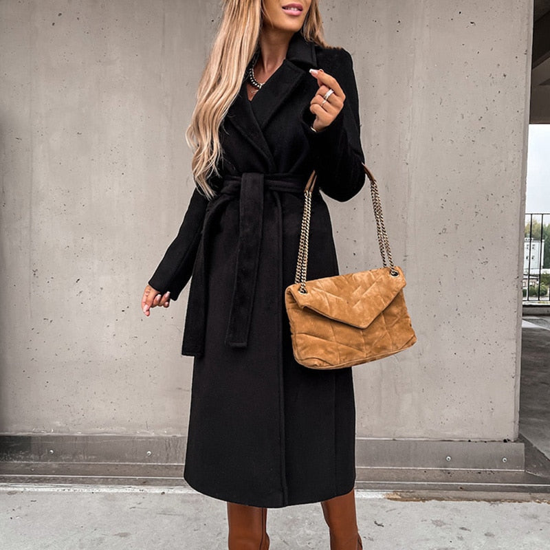 Chic long coat with tie belt