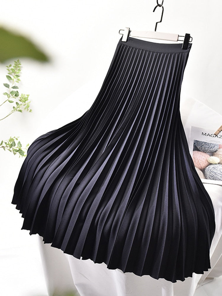 Ladies Elegant Chic Solid Pleated Skirt High Waist Luxury Fashion