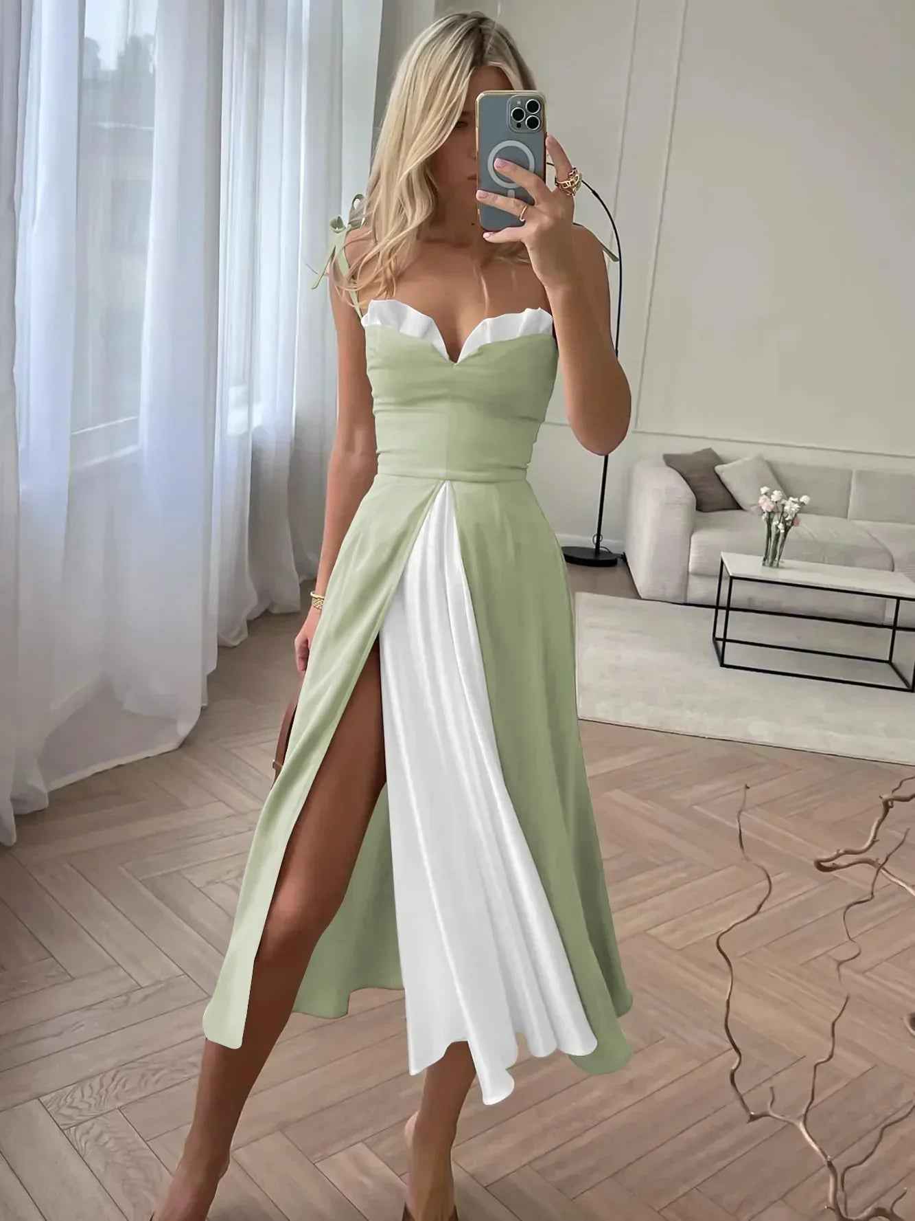 High-end satin dress with spaghetti straps, slit bandage and braces