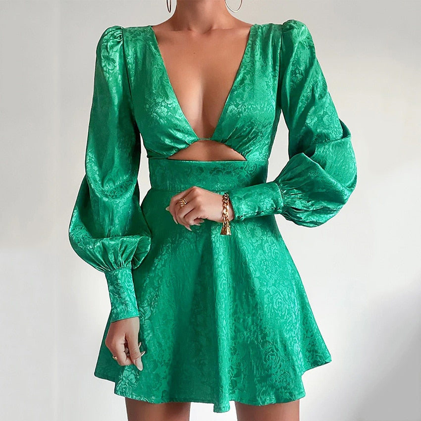 Printed satin dress with puff sleeves