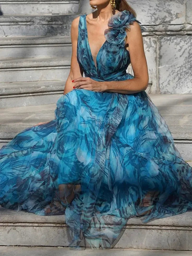 BOHEMIAN RESORT-STYLE PEACOCK BLUE LONG DRESS