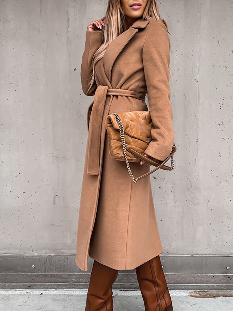 long coat with tie belt for a feminine silhouette