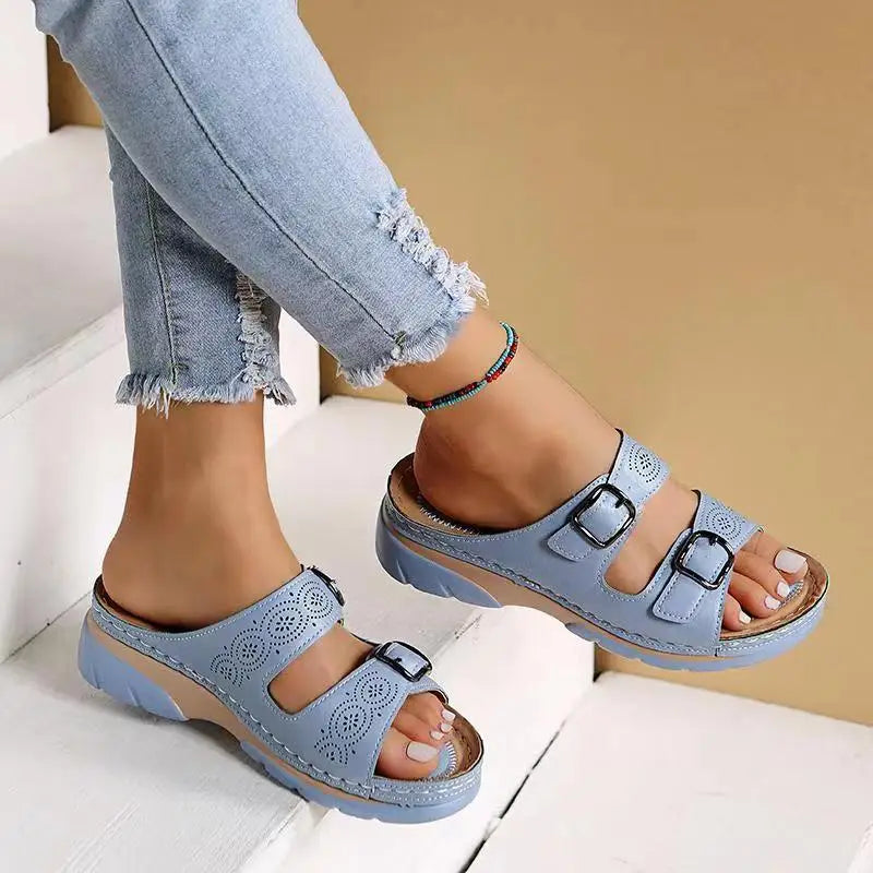 Platform wedge sandals with double buckle