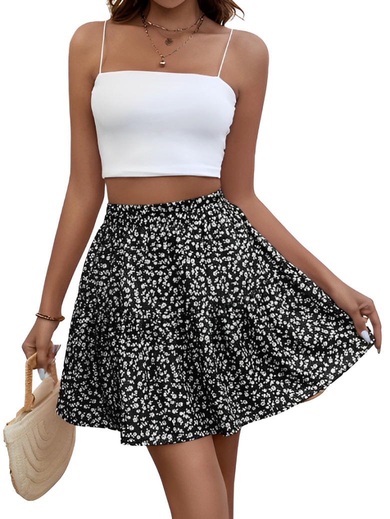 Ruffled skirt with floral pattern and high waist