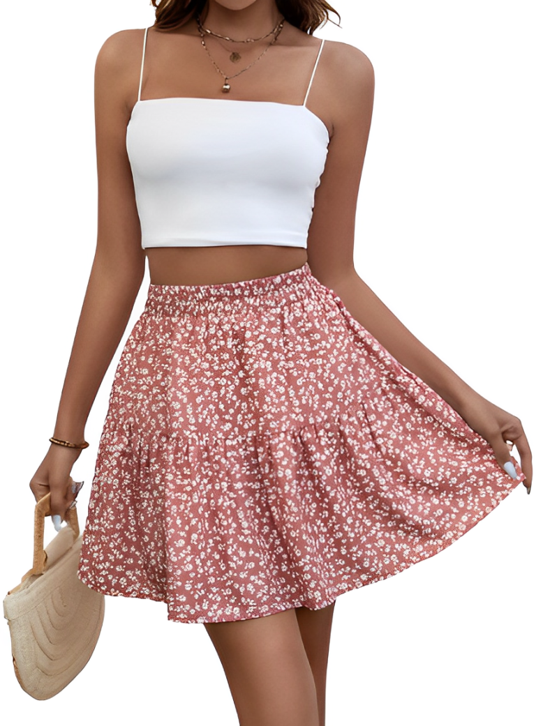 Ruffled skirt with floral pattern and high waist