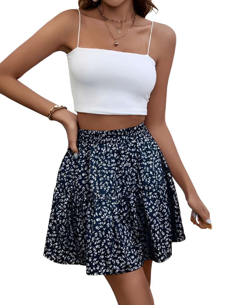 Ruffled skirt with floral pattern and high waist