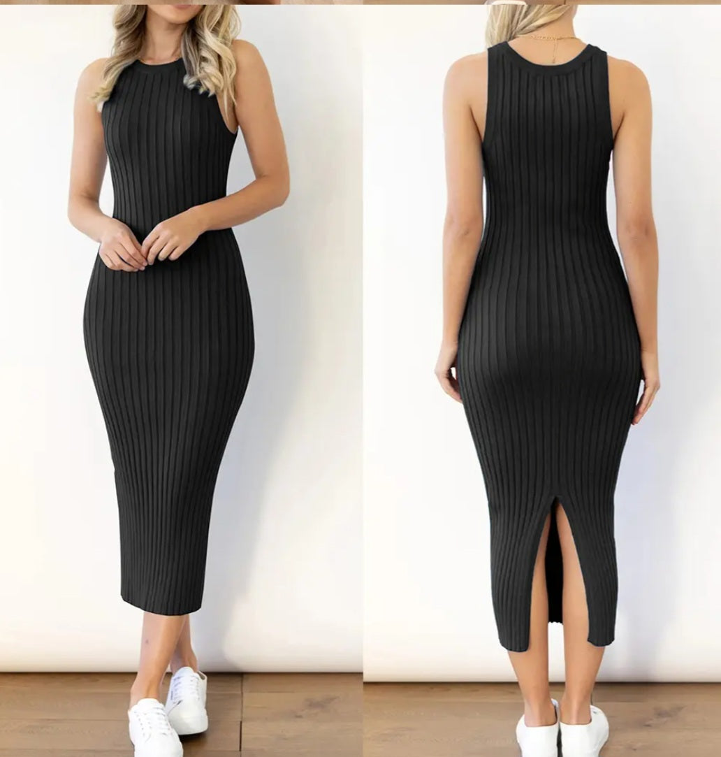 Women's ribbed sleeveless split midi bodycon dress