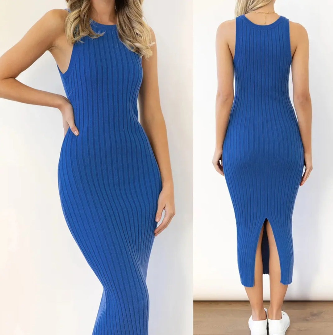 Women's ribbed sleeveless split midi bodycon dress