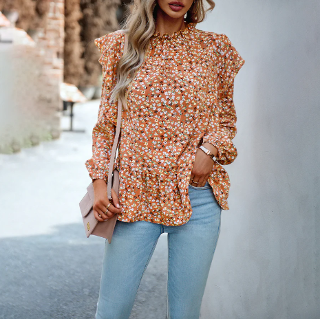 Loose long-sleeved floral shirt