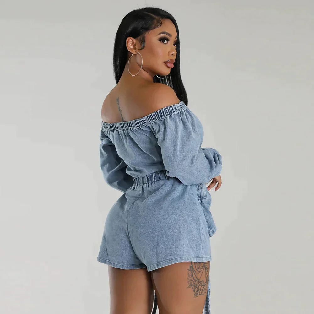 Off-the-shoulder denim playsuit with drawstring waist