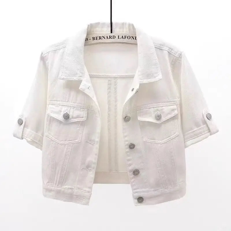 Women's Short Sleeve Denim Jacket - Single-Coloured Style - Casual Comfort for Every Occasion