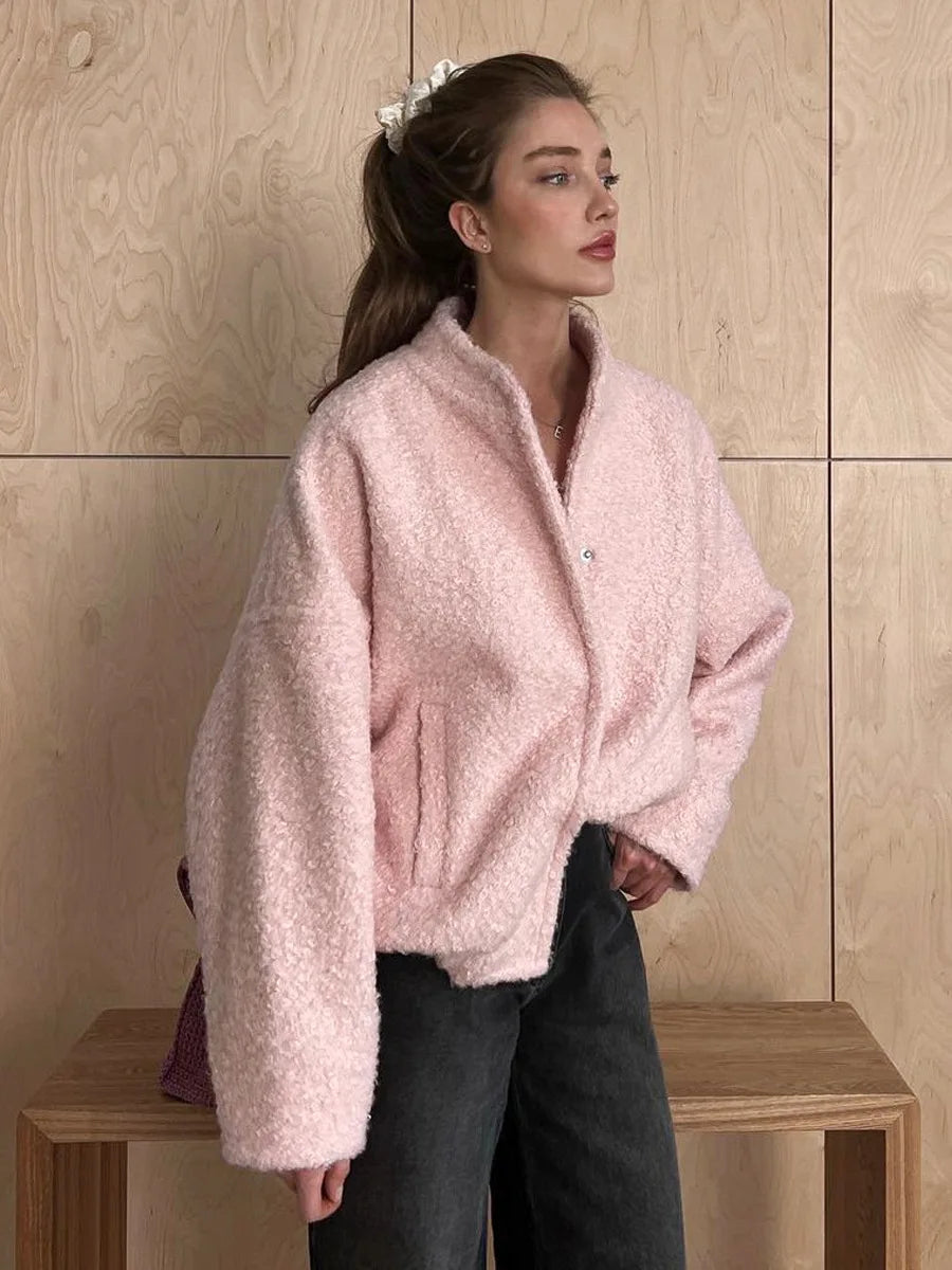 Women - Casual Jacket - Pink Fur with Stand-Up Collar - Stylish and Cozy Outerwear