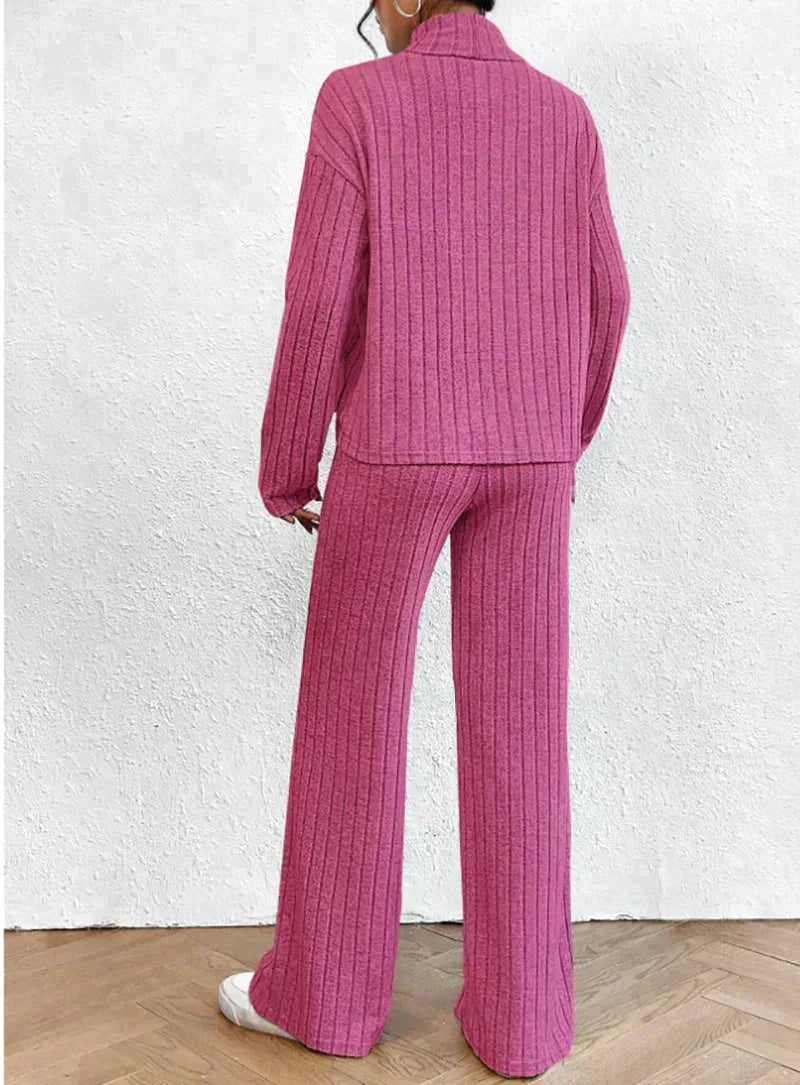 Knitted trousers and sweater with turtleneck for women