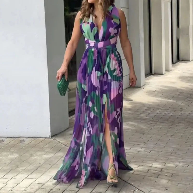 Elegant sleeveless backless V-neck maxi dress with slit drape and fitted waist