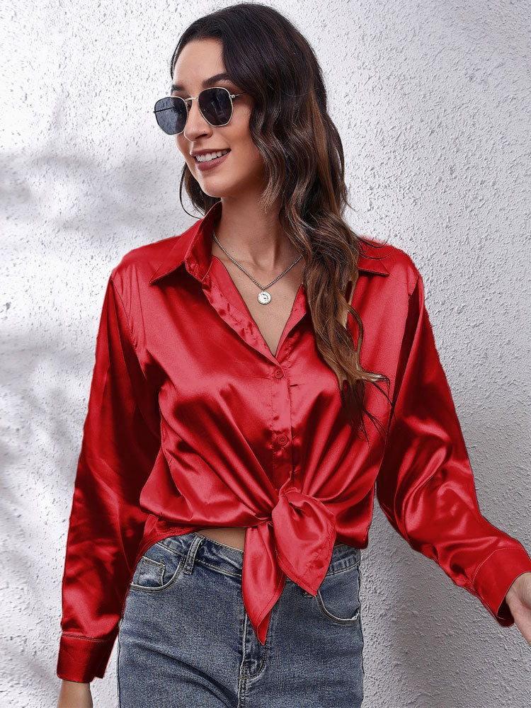 Satin Blouse For Women Loose fit Button placket  Silky long-sleeved shirt