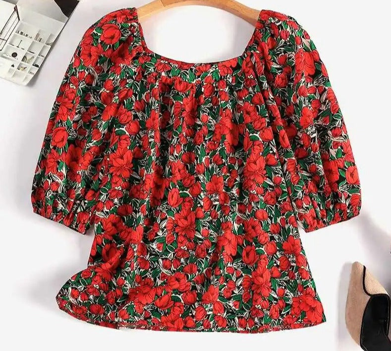 Blouses with floral print and square neckline