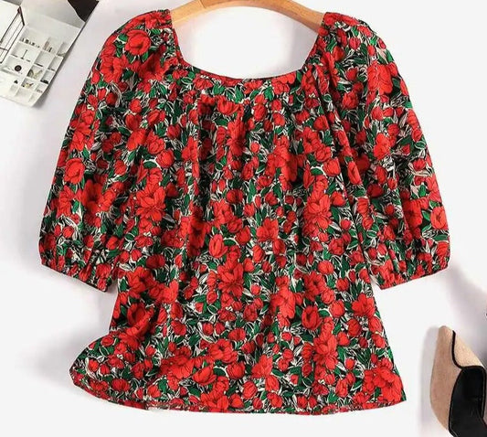 Blouses with floral print and square neckline