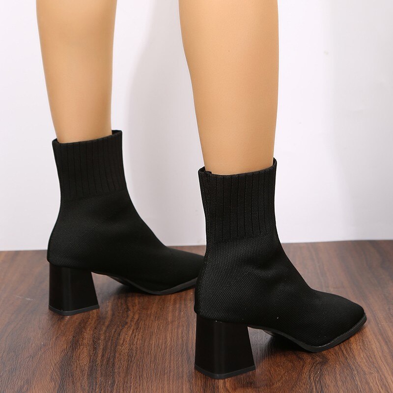 women's stretch knit boots - Comfortable slip-on ankle boots with square toe