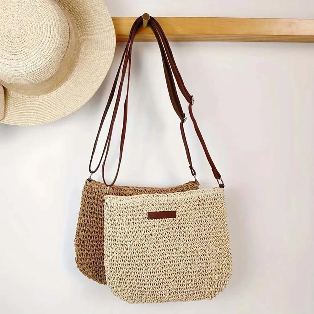 Women's casual straw knitted shoulder bag with inner zip pocket