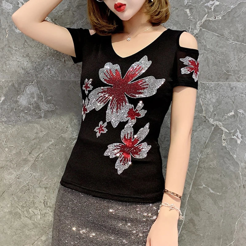 Off-the-shoulder, stretchy, slim-fit mesh T-shirt in Korean style