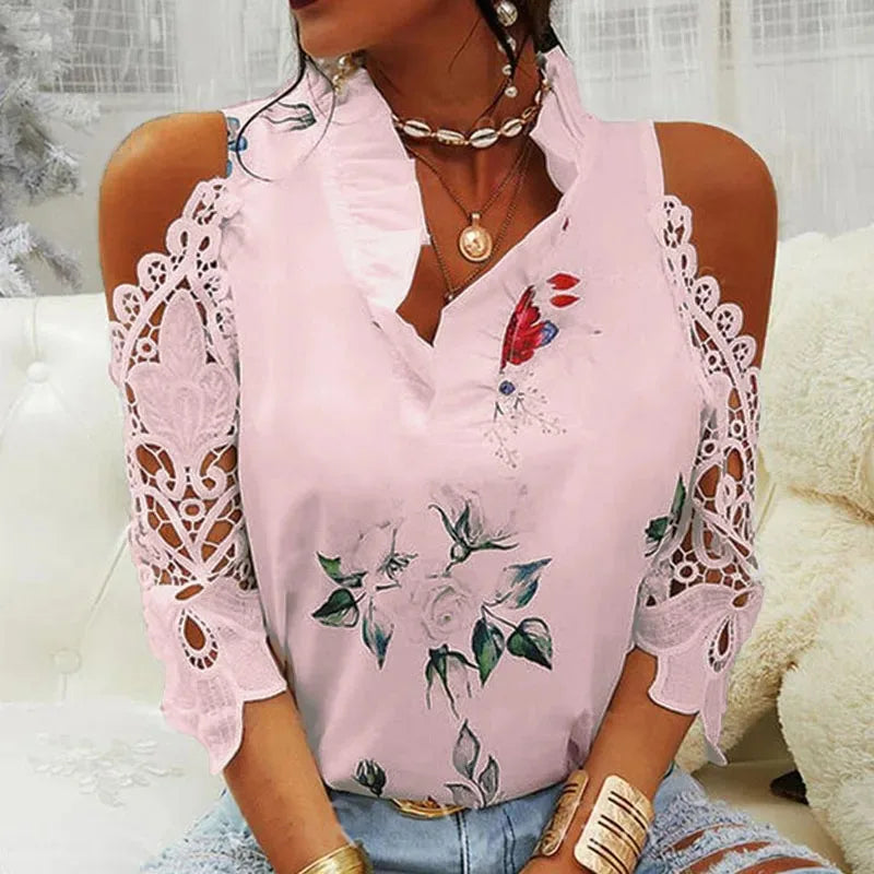 Elegant blouse with floral pattern and V-neckline