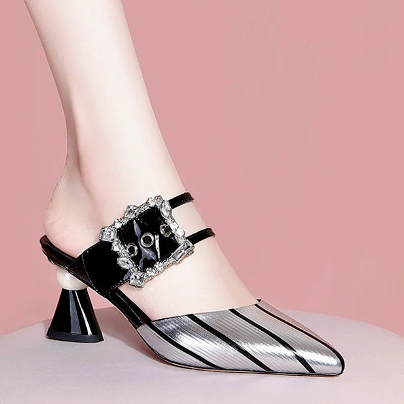 Striped mules with embellished buckle detail