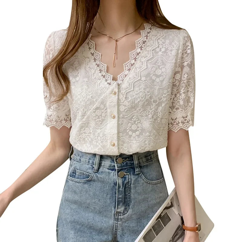 Hollowed-out lace blouses with buttons