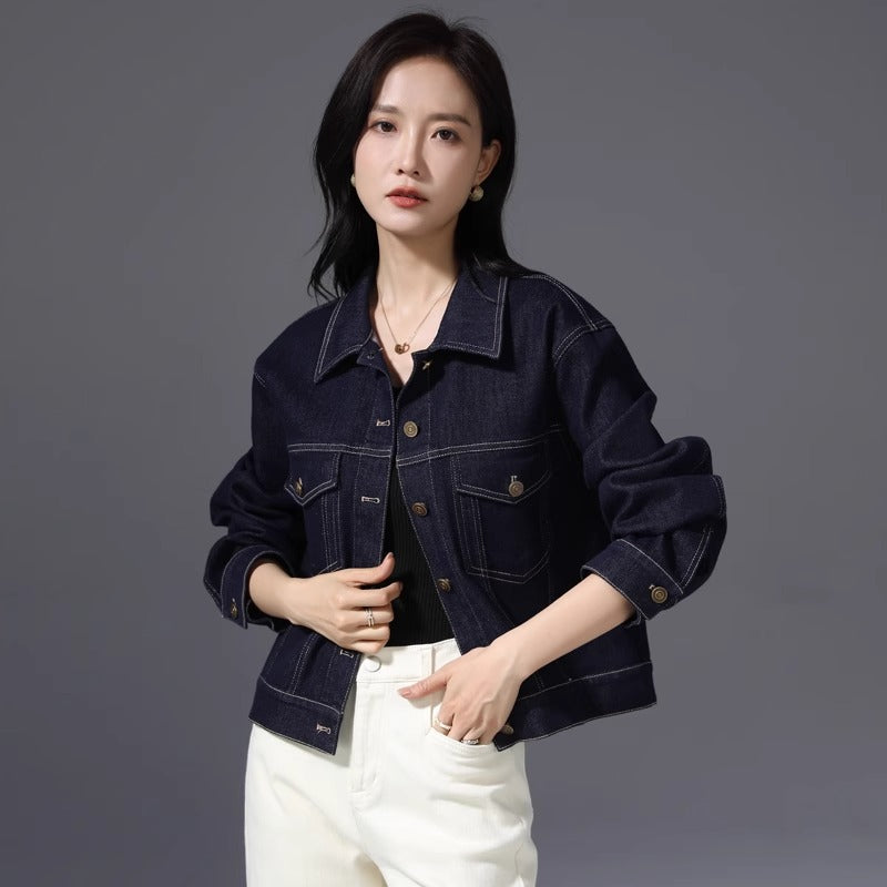 Women - Polo Jacket - Vintage Dark Denim - Stylish Autumn Outerwear