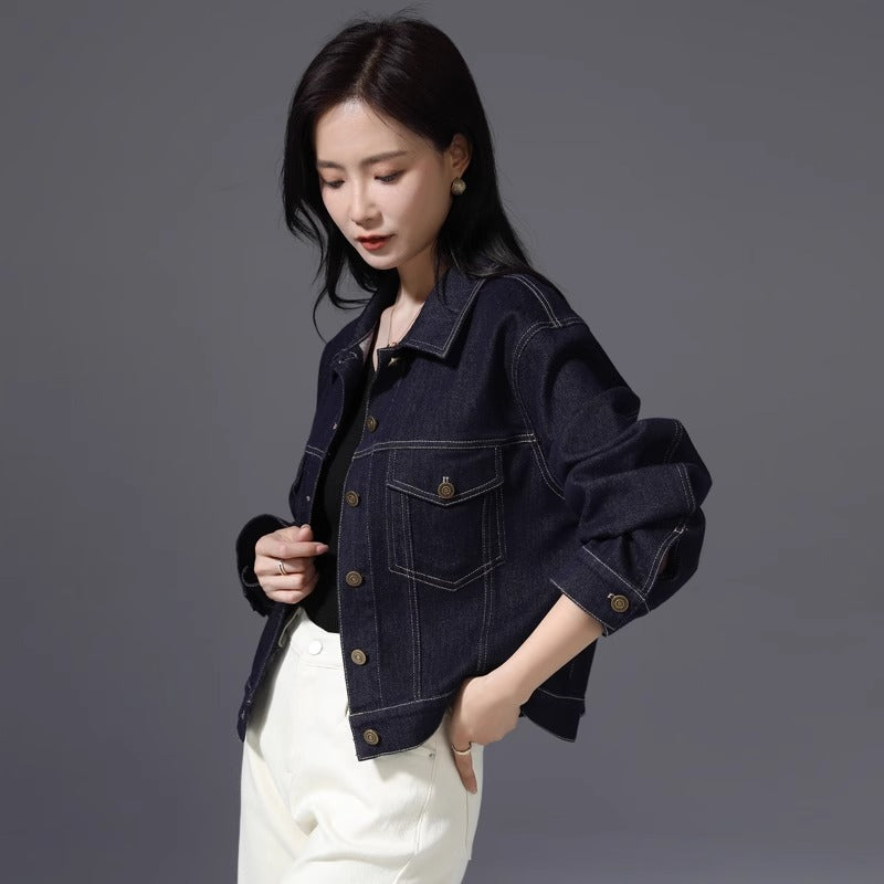 Women - Polo Jacket - Vintage Dark Denim - Stylish Autumn Outerwear