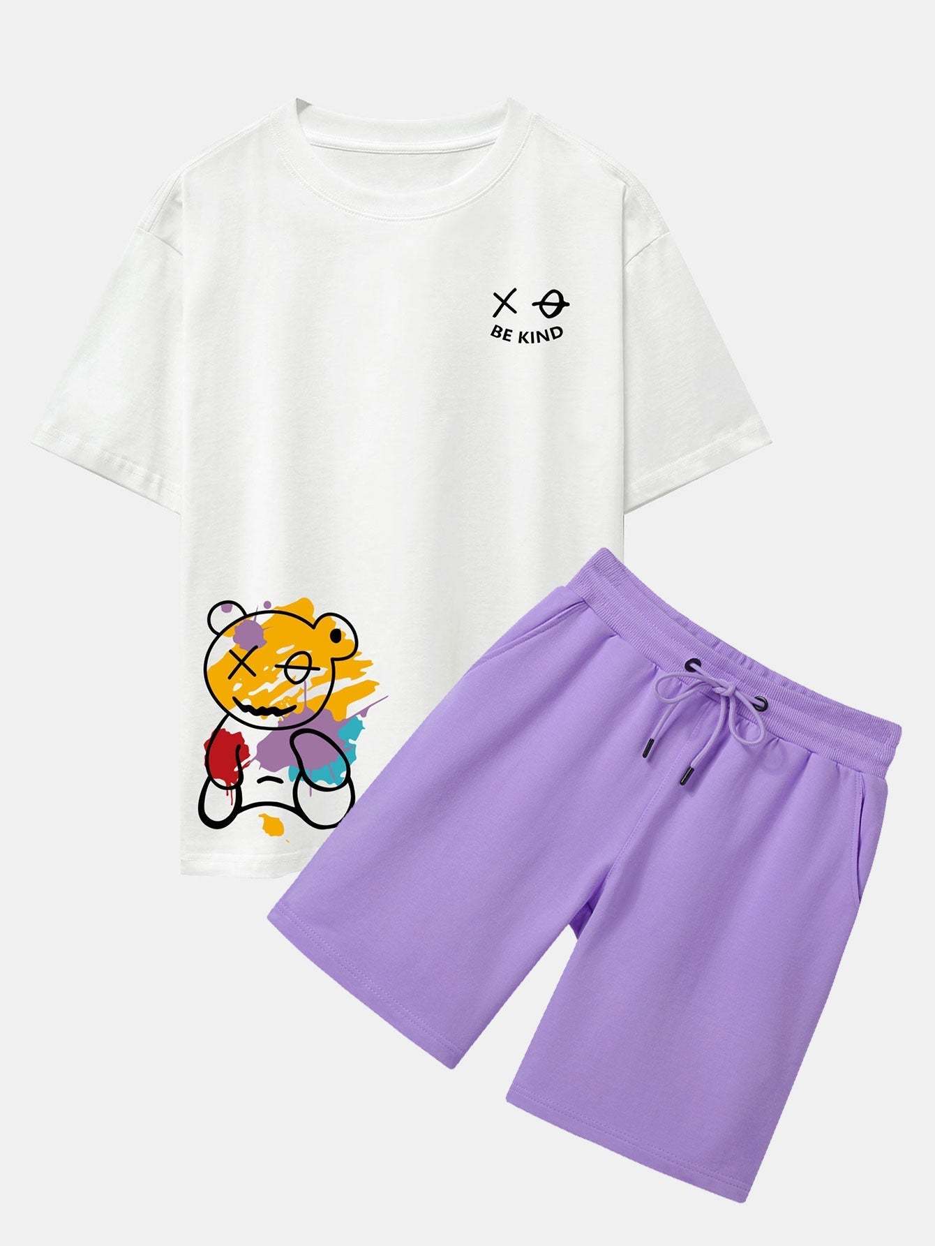 Graffiti Bear Print Drop Shoulder Oversize T-Shirt & Man Mid Length Shorts