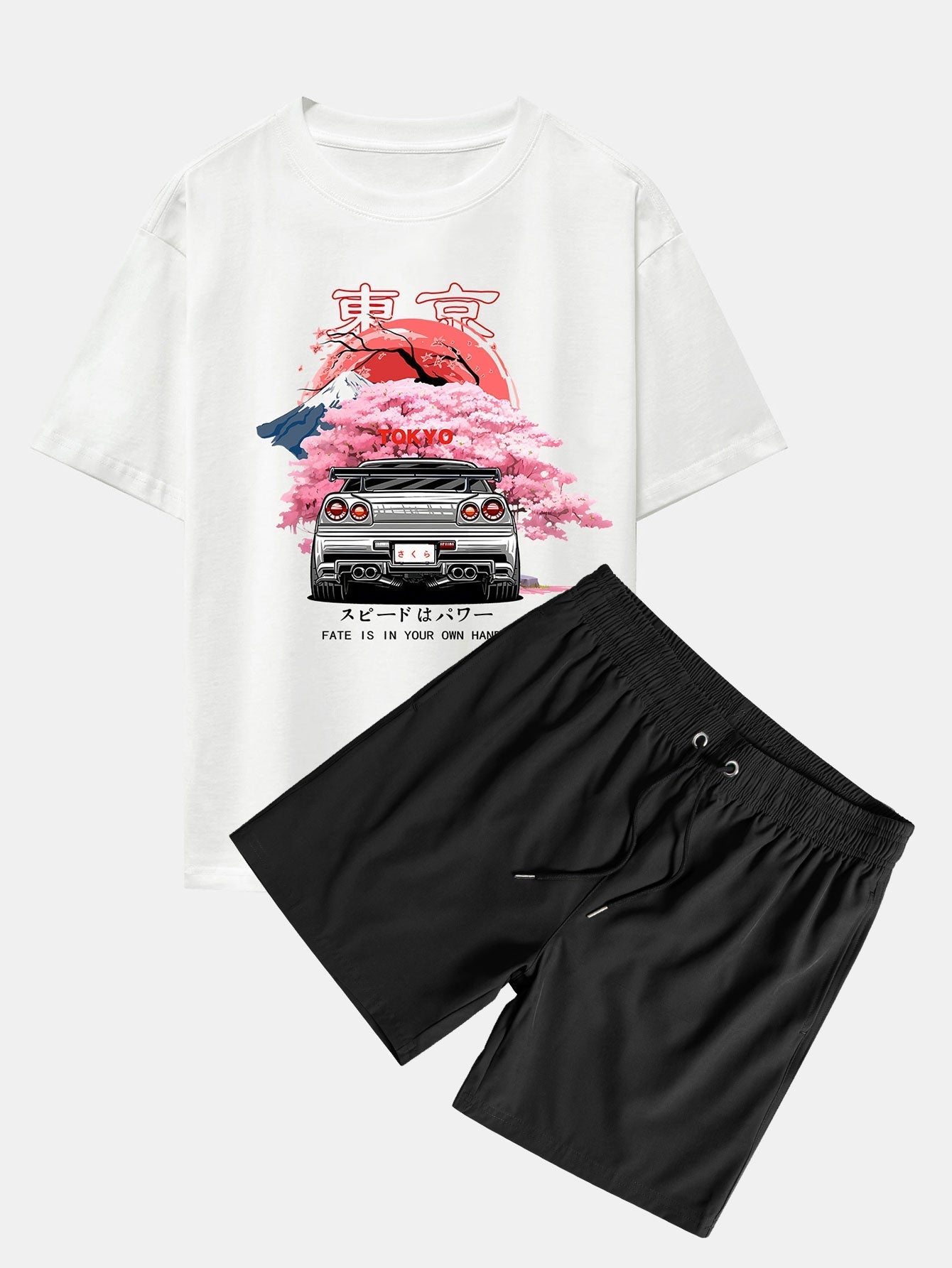 Tokyo Cherry Blossoms Car Print Drop Shoulder Oversize T-Shirt & Swim Shorts