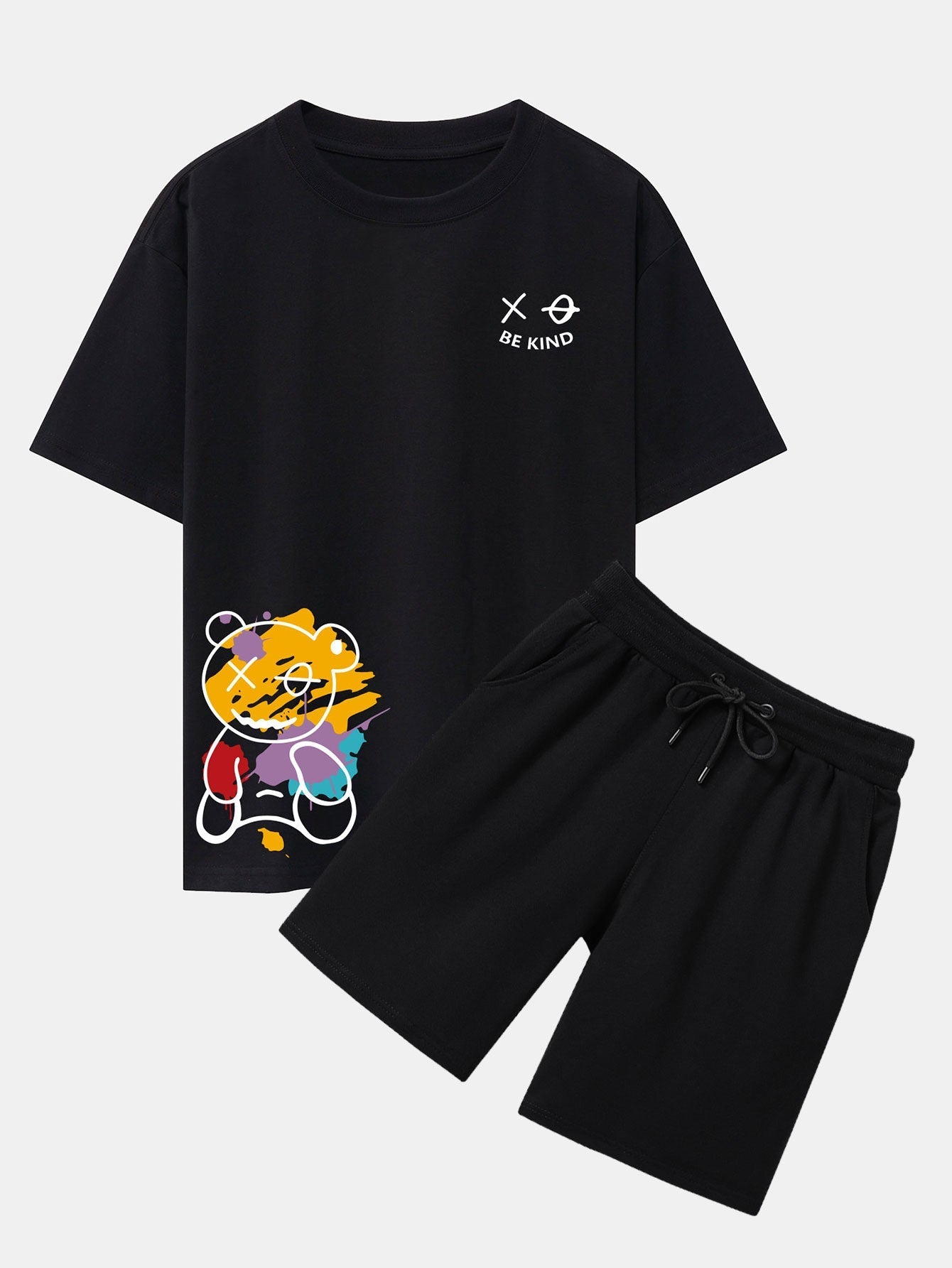 Graffiti Bear Print Drop Shoulder Oversize T-Shirt & Man Mid Length Shorts