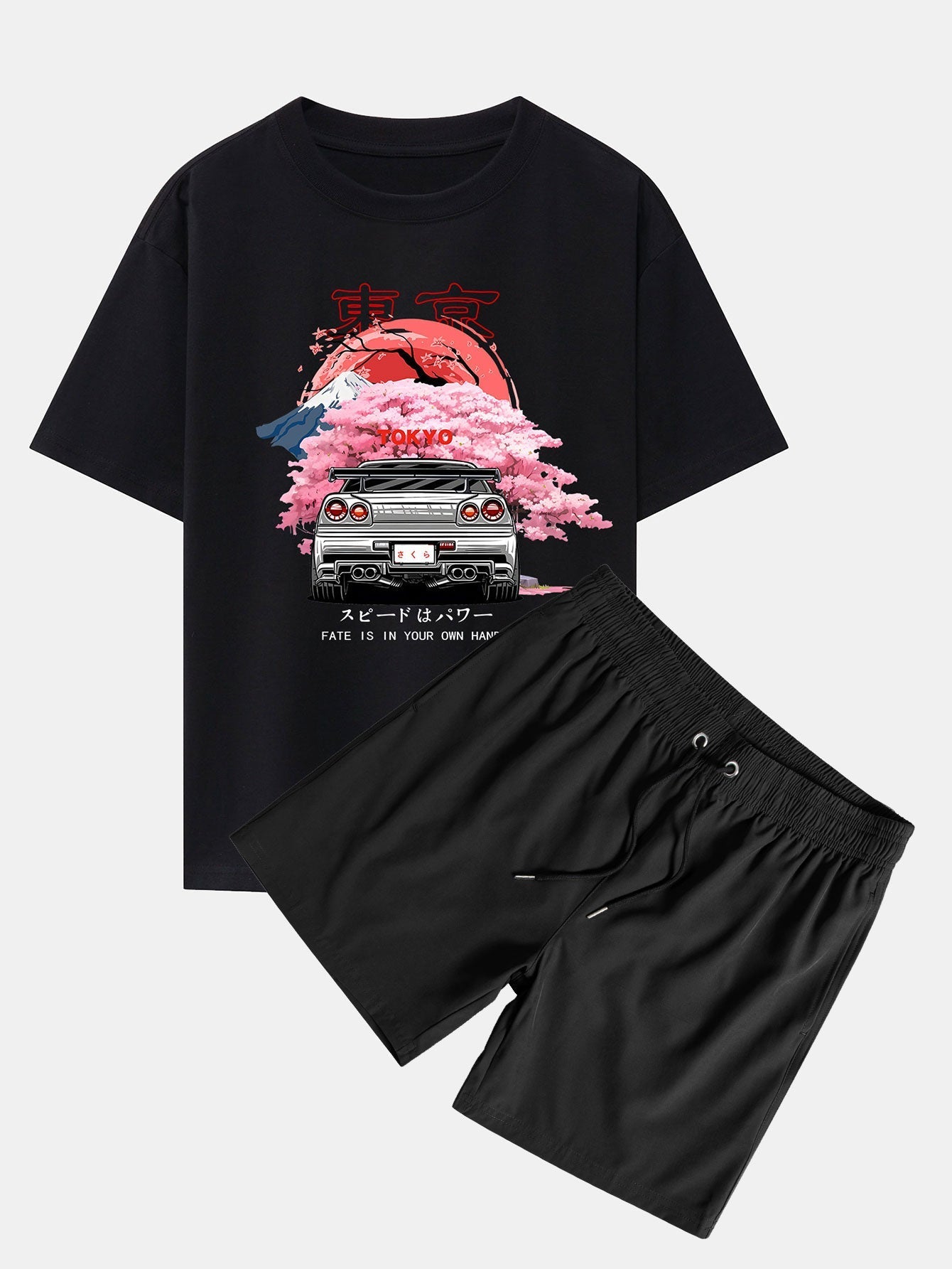 Tokyo Cherry Blossoms Car Print Drop Shoulder Oversize T-Shirt & Swim Shorts