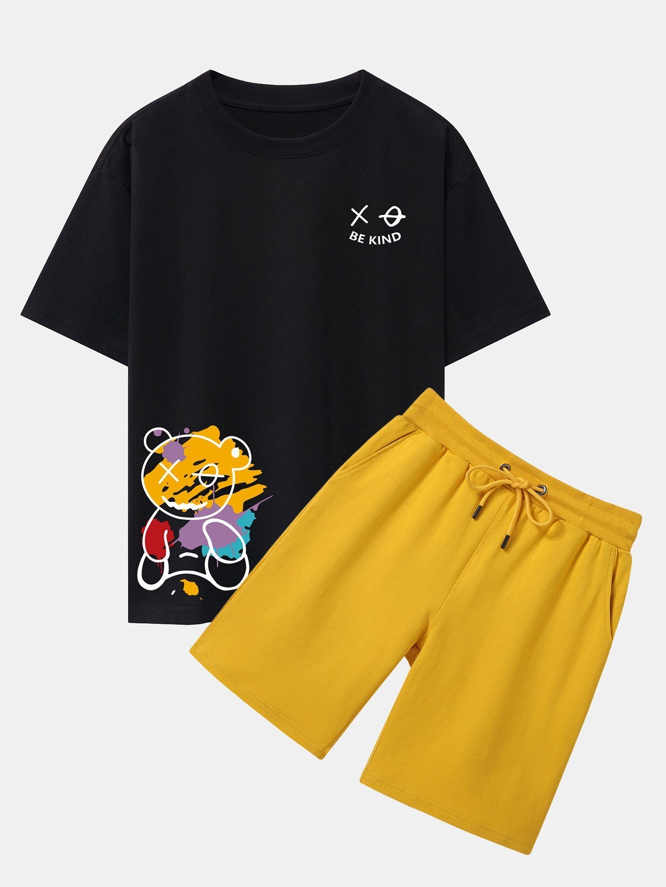 Graffiti Bear Print Drop Shoulder Oversize T-Shirt & Man Mid Length Shorts