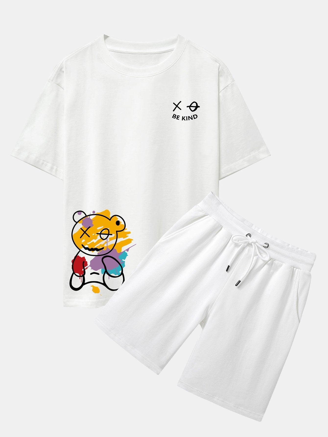 Graffiti Bear Print Drop Shoulder Oversize T-Shirt & Man Mid Length Shorts