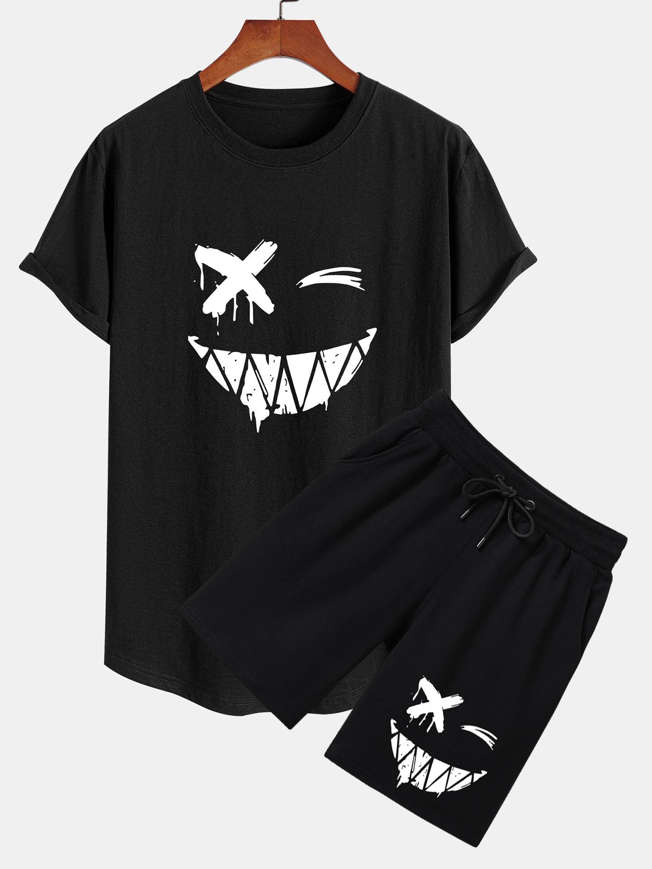 Smiley Face Print Cotton Arc Hem T-Shirt & Shorts