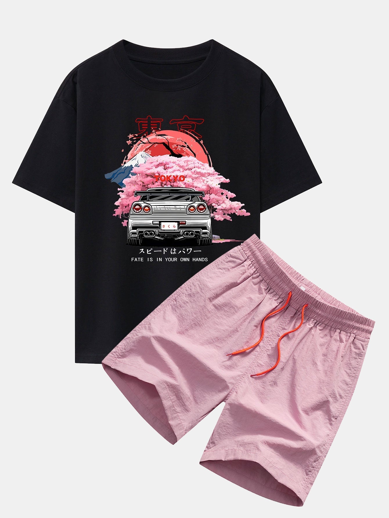 Tokyo Cherry Blossoms Car Print Drop Shoulder Oversize T-Shirt & Swim Shorts