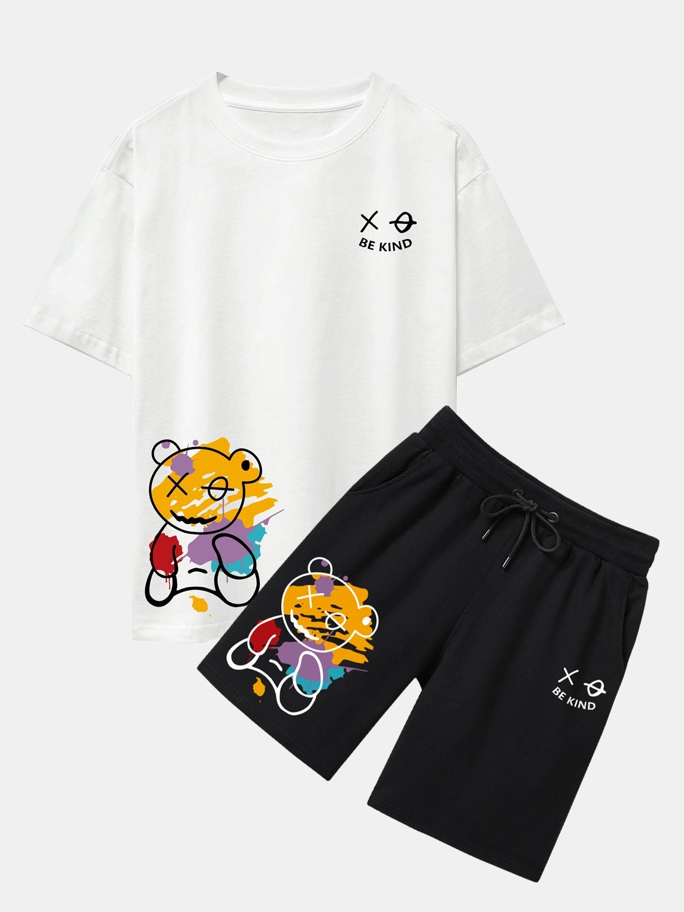 Graffiti Bear Print Drop Shoulder Oversize T-Shirt & Graffiti Bear Print Man Mid Length Shorts