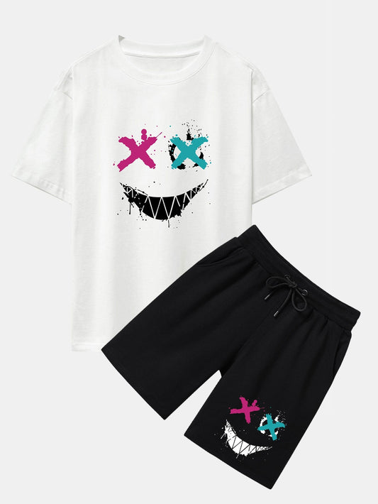 Graffiti Smiley Face Print Drop Shoulder Oversize T-Shirt & Shorts